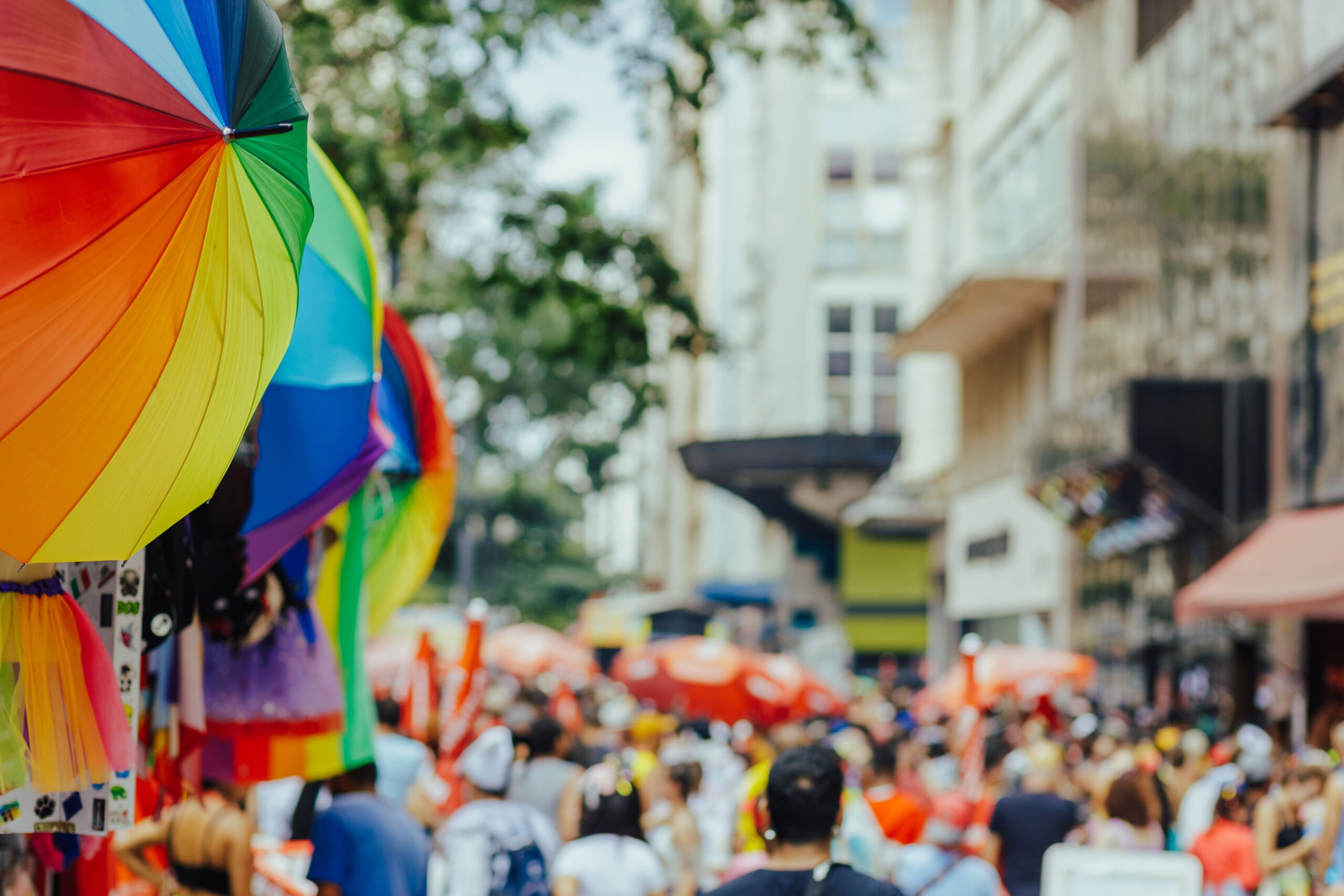 Colorful rainbow umbrellas at a lively outdoor city festival, Bear Pride Lisbon