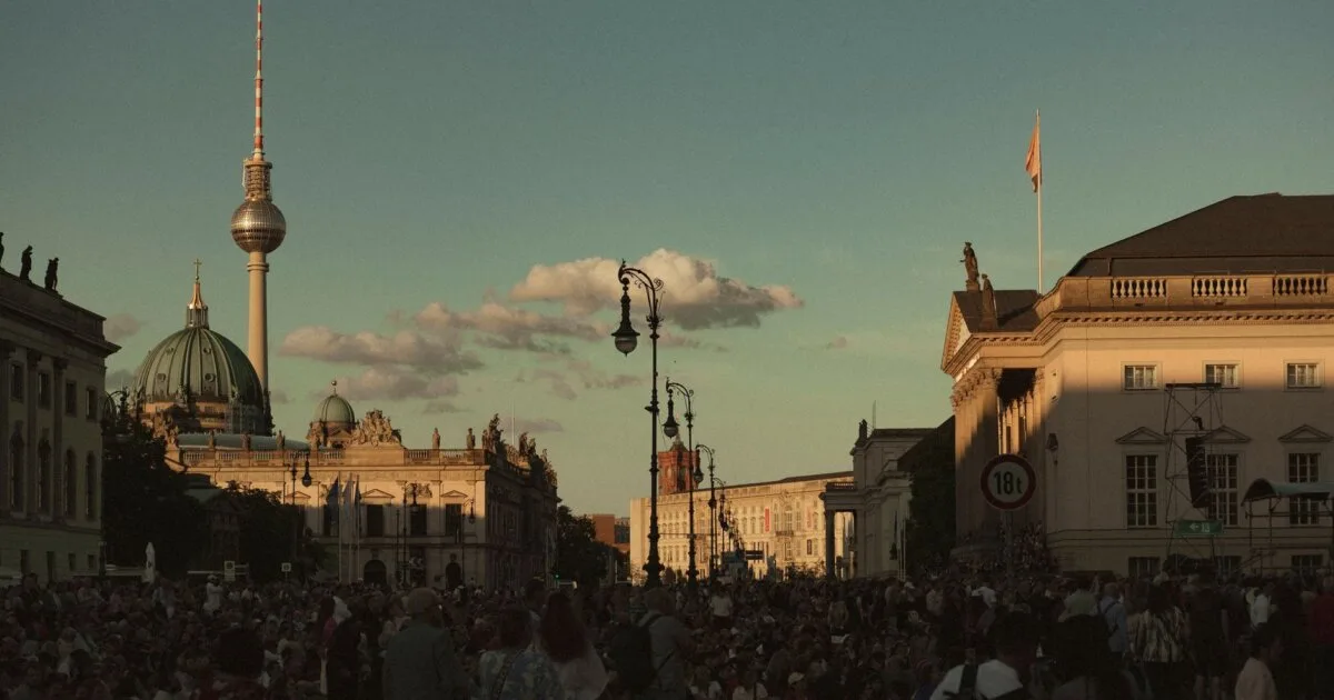 Berlin street with summer crowd, first time at Berlin Pride 2026