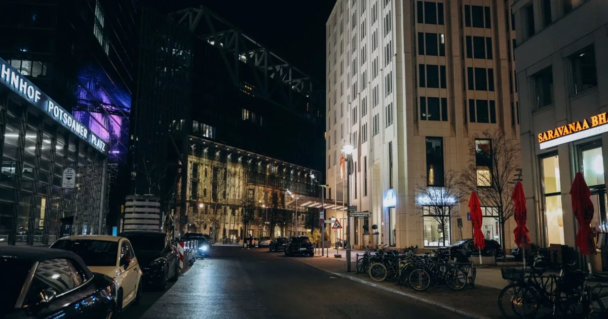 Night view of Potsdamer Platz Berlin, city lights reflecting